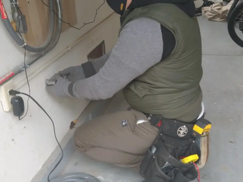 Electrician performing outlet wiring in a Rosaryville garage